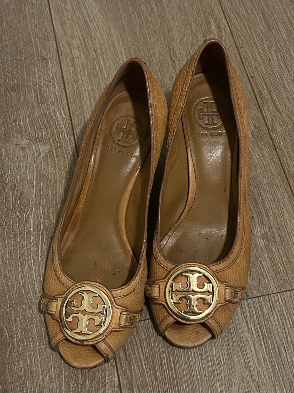 Tory Burch Tan Leather Peep-Toe Heels with Gold Logo Medallion